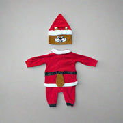 Rear flat lay of Buc-ee's Santa Union Suit with hood turned to show the cartoon face of Buc-ee in a Santa hat