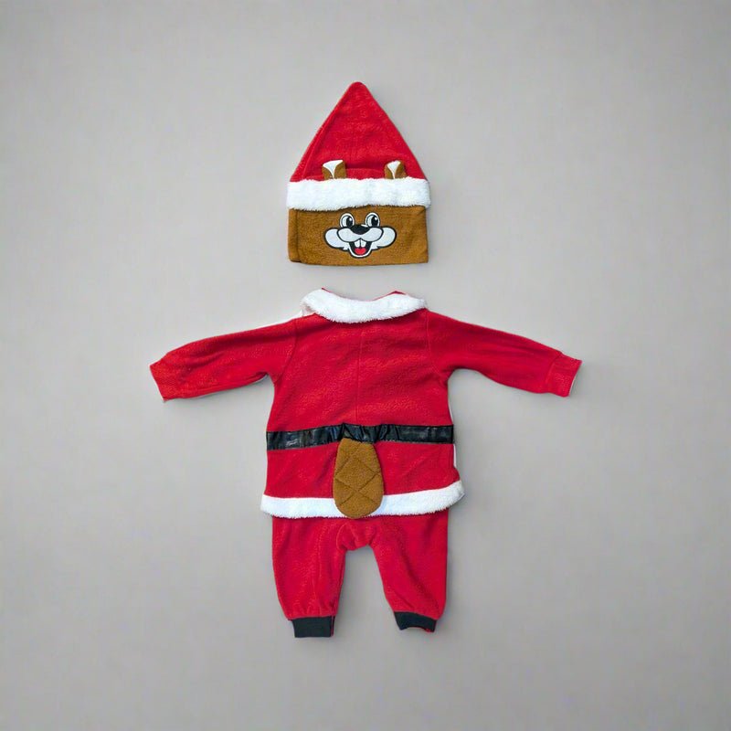 Rear flat lay of Buc-ee's Santa Union Suit with hood turned to show the cartoon face of Buc-ee in a Santa hat
