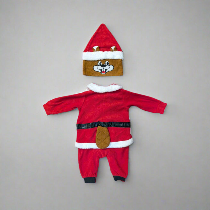 Rear flat lay of Buc-ee's Santa Union Suit with hood turned to show the cartoon face of Buc-ee in a Santa hat