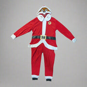 Buc-ee’s Santa Union Suit one-piece pajama in red with white trim, black belt detail, and a hood featuring Buc-ee dressed as Santa.