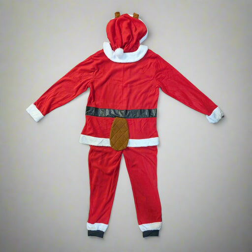 Buc-ee’s Santa Union Suit one-piece pajama in red with white trim, black belt detail, and a hood featuring Buc-ee dressed as Santa.