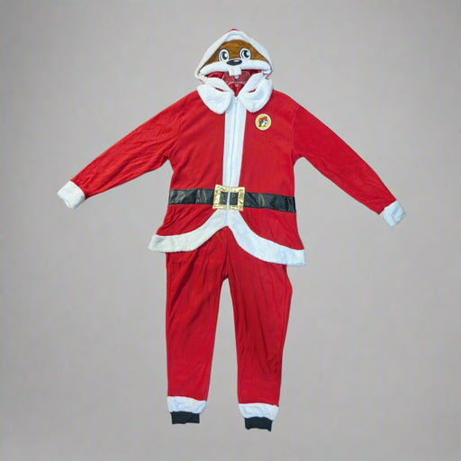 Buc-ee’s Santa Union Suit one-piece pajama in red with white trim, black belt detail, and a hood featuring Buc-ee dressed as Santa.