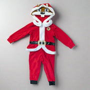 Front view of Buc-ee's Santa Union Suit laid flat, featuring red plush fabric, a faux belt, and a hood with Buc-ee's beaver face and ears