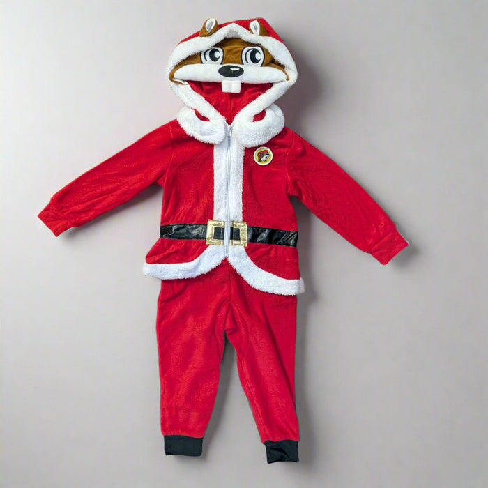 Front view of Buc-ee's Santa Union Suit laid flat, featuring red plush fabric, a faux belt, and a hood with Buc-ee's beaver face and ears