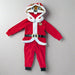 Front view of Buc-ee's Santa Union Suit laid flat, featuring red plush fabric, a faux belt, and a hood with Buc-ee's beaver face and ears