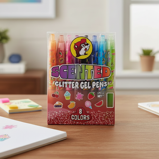 A lifestyle product photograph featuring a packaged set of Buc-ee’s 8-Color Scented Glitter Gel Pens centered on a wooden desk. The clear packaging showcases the colorful pens and the iconic Buc-ee’s beaver logo at the top. Scattered on the desk around the package are various stationery items, including a spiral-bound notebook with small illustrations of cupcakes, a stack of colorful sticky notes, and a small notepad with drawings, all set against a soft-focus background of a window and small potted plants.