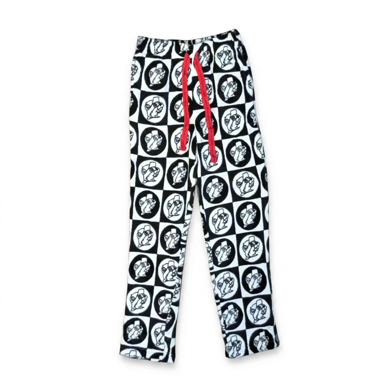 Buc-ee’s Sherpa Cozy Pants, gray lounge pants with an all-over beaver and star print and red drawstring
