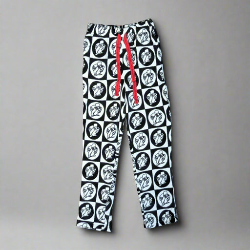 Buc-ee's Sherpa Cozy Pants. Gray fuzzy pajama pants with the Buc-ee's logo all over with red drawstrings. 