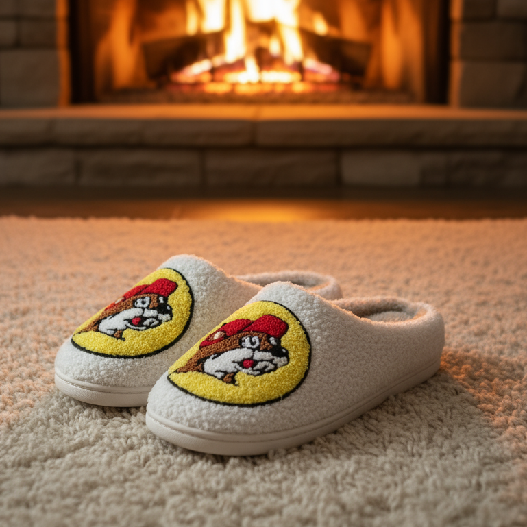Buc-ee's White Sherpa Logo Slipper