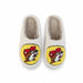 Pair of white-colored fuzzy slippers featuring the Buc-ee’s beaver logo on the front in red, yellow, brown, and white. The slippers have a soft sherpa-like interior and plush exterior, displayed on a plain white background.