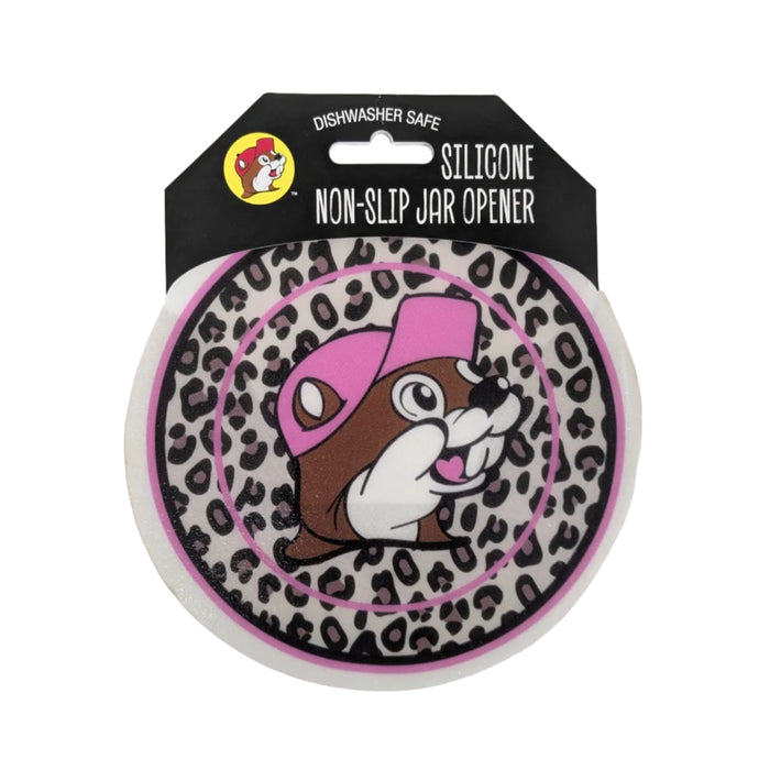 A round Buc-ee's silicone non-slip jar opener featuring a pink and black leopard print pattern with a pink-hatted Buc-ee's beaver graphic in the center. Displayed on a clean white background.