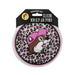A round Buc-ee's silicone non-slip jar opener featuring a pink and black leopard print pattern with a pink-hatted Buc-ee's beaver graphic in the center. Displayed on a clean white background.