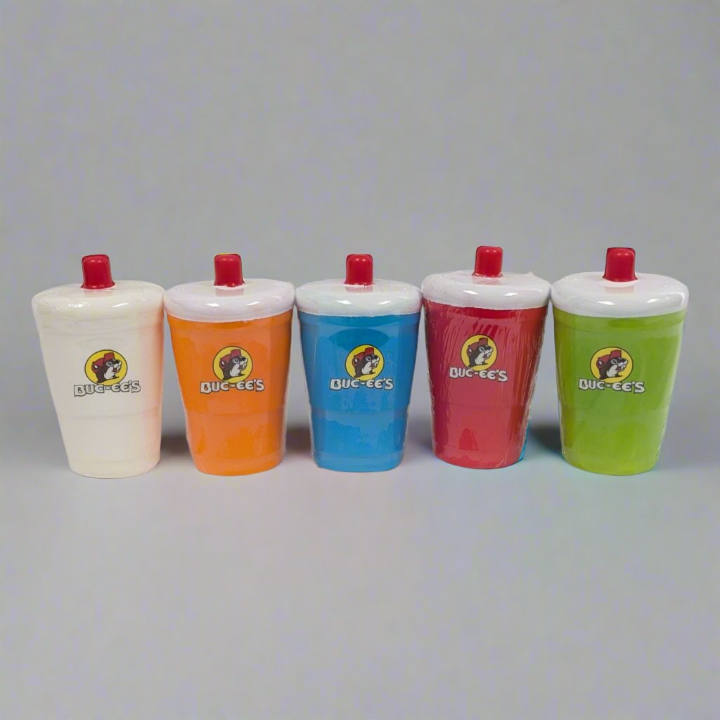 "Set of 5 colorful Buc-ee's ceramic drink tumblers with white and red lids, featuring Buc-ee's beaver logo in white, orange, blue, red, and green colors."

