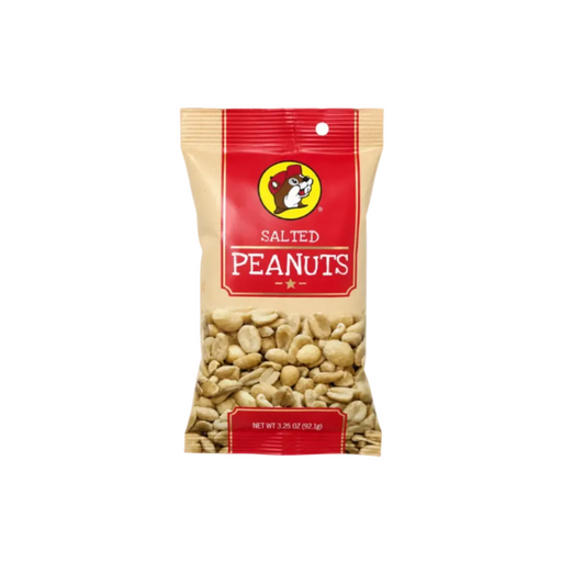 A 3.25 oz individual snack bag of Buc-ee's Salted Peanuts, featuring a red and tan design with the round yellow beaver mascot logo at the top and an image of salted peanuts below, displayed on a white background.