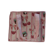 A small Buc-ee's Cherry Quilted Tote Bag. The bag features a pink and white vertical stripe pattern printed with Buc-ee's beaver mascots, pink cherries, and bows, finished with matching striped shoulder straps. Displayed on a white background.