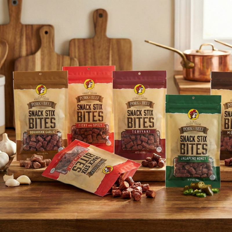 Assorted packages of Snack Stix Bites on a wooden surface with kitchen items in the background.