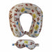 Buc-ee’s travel set featuring a silky eye mask and matching U-shaped neck pillow decorated with Buc-ee the Beaver, Beaver Nuggets bags, gummy bears, pretzels, and snack icons.