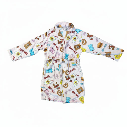 Buc-ee's Snacks Plush Robe with all the different Buc-ee's snacks on it with 2 front pockets and a rope to tie around. 