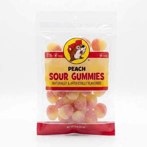 A clear 8 oz resealable bag of Buc-ee's Peach Sour Gummies. The label features the famous Buc-ee's beaver logo and bold red text against a yellow background. Inside, the bag is filled with round, sugar-coated gummies that are half-pink and half-yellow, resembling small peaches. Displayed on a clean white background.