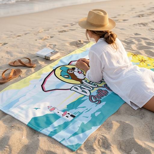 A lifestyle photograph from a high angle showing a woman wearing a white beach cover-up and straw hat, lying on her stomach on a large beach towel spread over the sand. The towel prominently displays the custom Buc-ee’s South Carolina coastal design, featuring a white lighthouse with a pink roof, the iconic beaver mascot, and yellow flowers, with ocean waves washing onto the shore in the background.