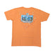 The back of an orange short-sleeve crew neck t-shirt laid flat on a white surface. The back features a large graphic of a red line-art map of South Carolina marking cities like Florence and Charleston. Overlaid on the center of the map is a blue and white custom license plate that reads "BUC-EE'S" filled with a beach cityscape illustration and the slogan "Follow Me To Buc-ee's."