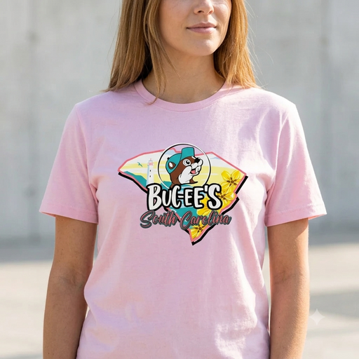 A close-up of a woman wearing a Buc-ee's South Carolina State Map light pink t-shirt. The shirt features a graphic combining the outline of the state of South Carolina with a coastal scene. Superimposed on the map is a circular logo with the Buc-ee's beaver mascot wearing a teal cap. The text "Buc-ee's South Carolina" is printed below the mascot logo.