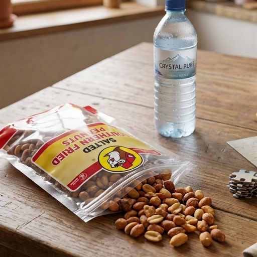 An open bag of Buc-ee's Salted Southern Fried Peanuts lies flat on a rustic wooden table, with peanuts spilling out onto the surface. Next to the bag sits a clear plastic bottle of water, a partially completed jigsaw puzzle, and a board game box.