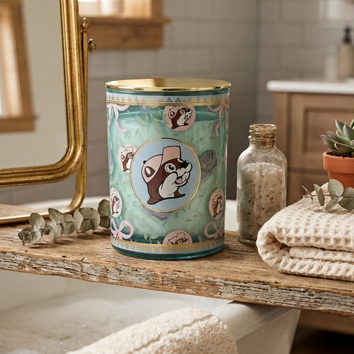 An AI-generated lifestyle photograph of the teal Buc-ee’s Blossoms & Bows candle placed on a rustic wooden bath caddy over a white clawfoot tub filled with bubbles. The candle, featuring the iconic beaver mascot in a pink hat, sits alongside a small glass bottle of bath salts, a sprig of eucalyptus, and a folded waffle-knit towel. In the background, a cozy bathroom setting includes a gold-framed mirror, a small succulent, and soft natural light from a nearby window.