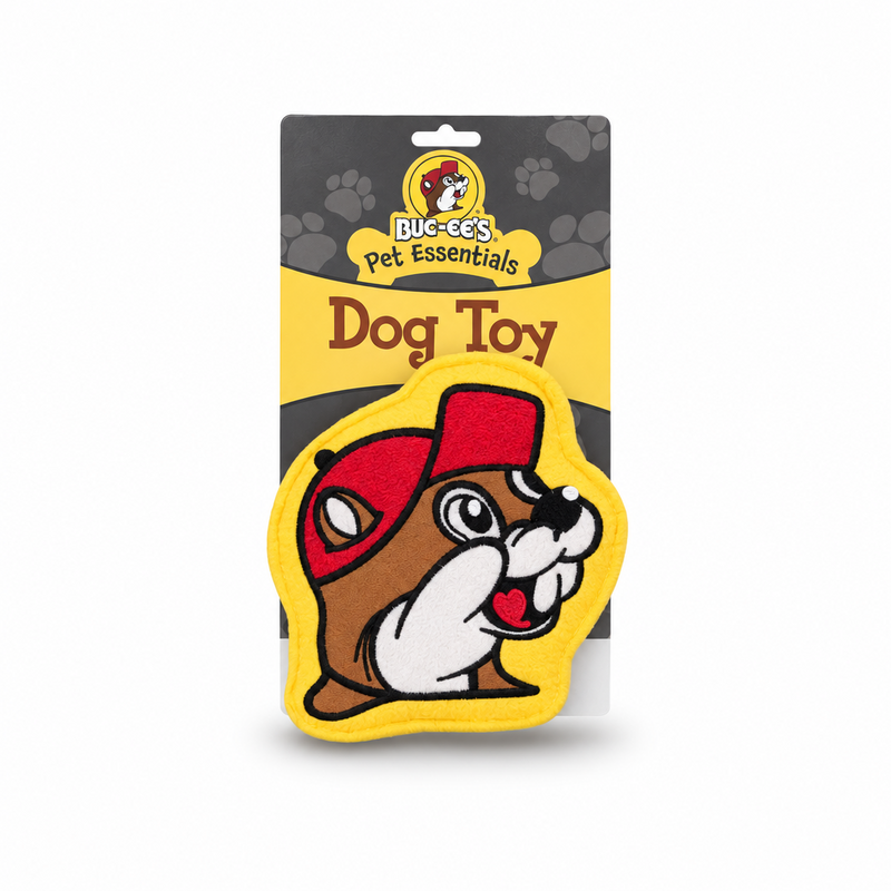 Buc-ee the Beaver head-shaped squeak dog toy on its Pet Essentials card