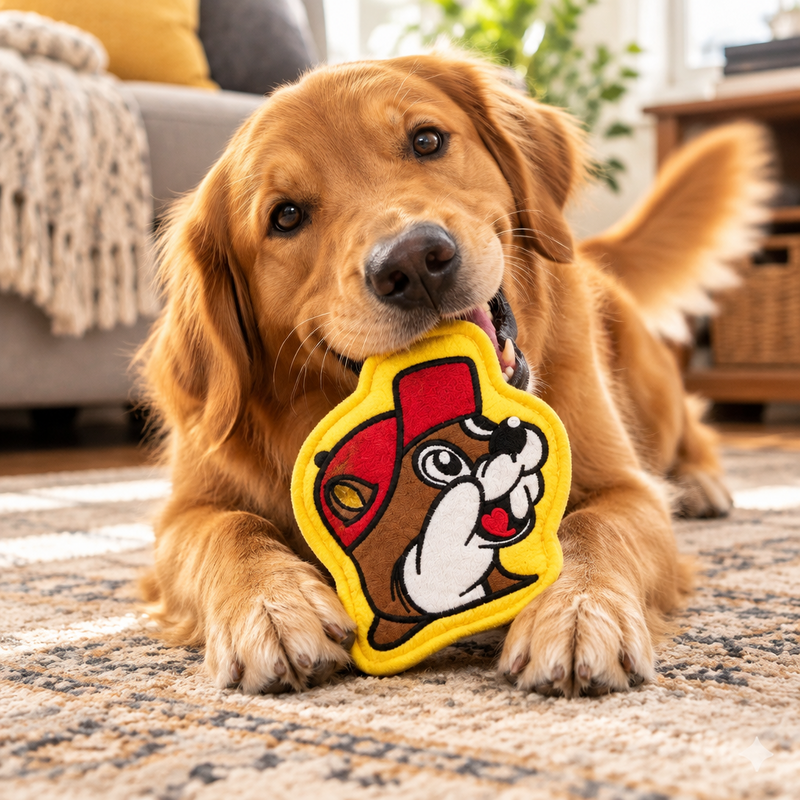 Golden retriever dog on a rug chewing the Buc-ee the Beaver squeak toy