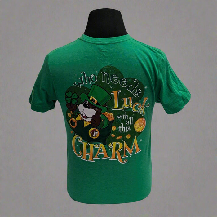 Buc-ee's St. Patrick's "Charm" Shirt back. Has "Who needs Luck with all this Charm" with Buc-ee on the back. 