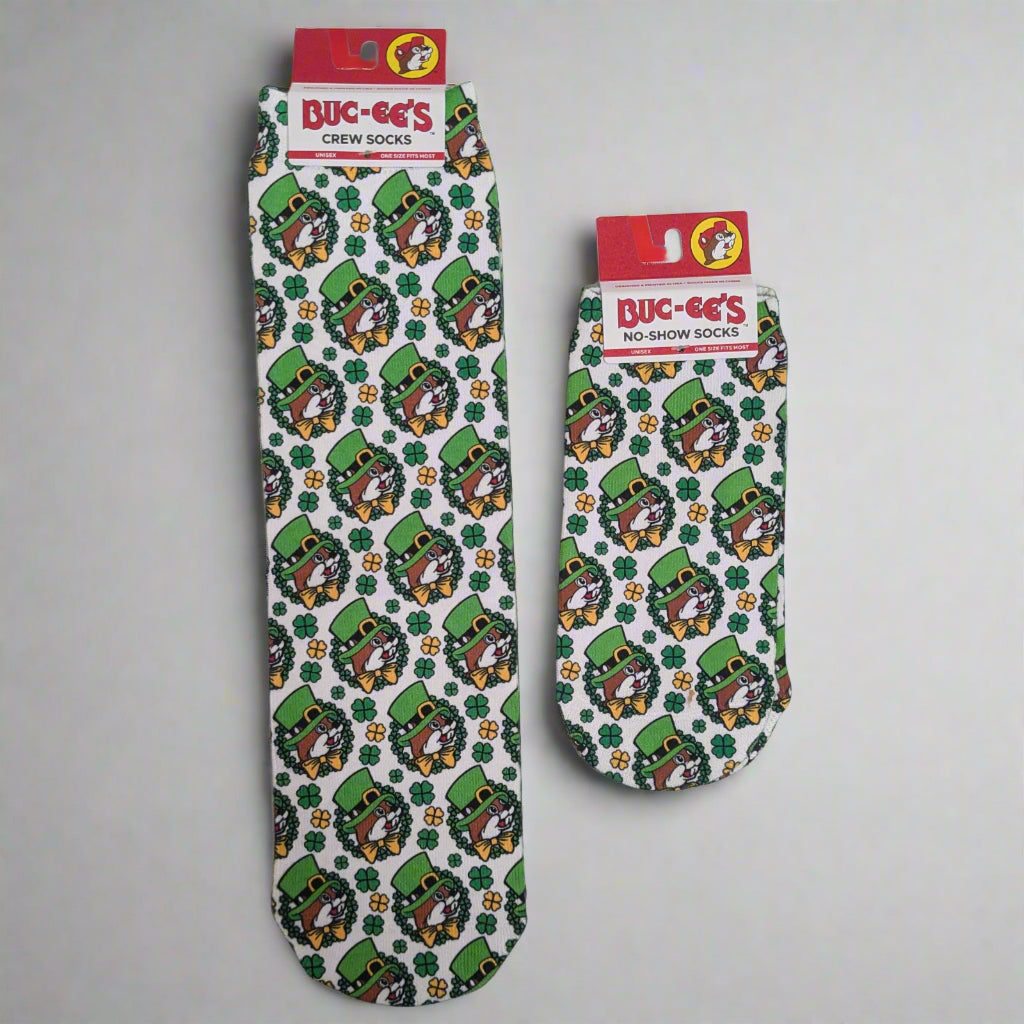 Buc-ee's St. Patrick's Socks. Includes a crew style and a no-show style.