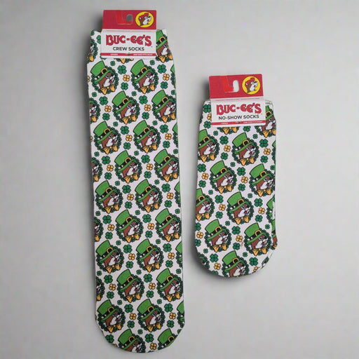 Buc-ee's St. Patrick's Socks. Includes a crew style and a no-show style.