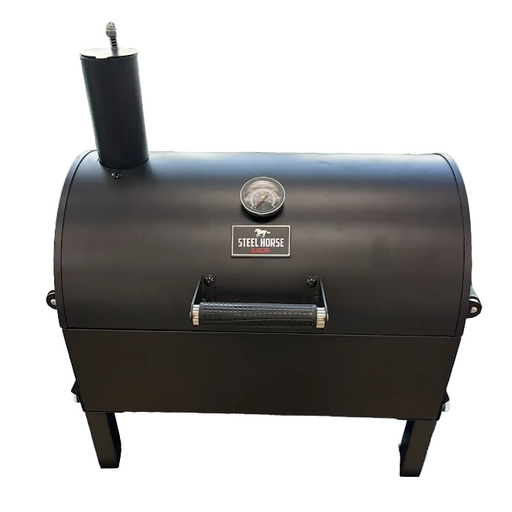 A closed black Steel Horse Outdoor portable charcoal grill shown from the front on a white background, featuring a handle, a built-in temperature gauge on the lid, and a side chimney vent.