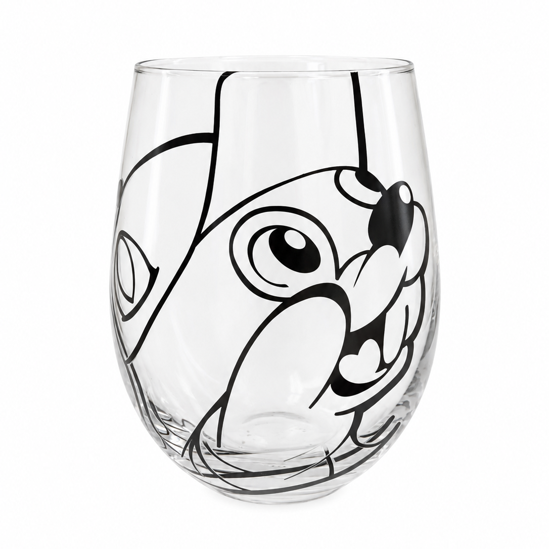 Clear stemless wine glass featuring a large black line-art illustration of Buc-ee the Beaver resting on a plain white surface.