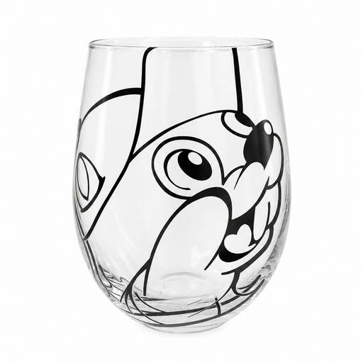 Clear stemless wine glass featuring a large black line-art illustration of Buc-ee the Beaver resting on a plain white surface.