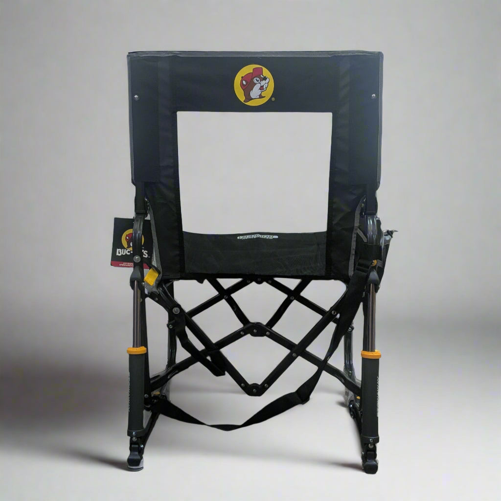 Buc-ee's Stowaway Rocker Chair Backside has a Buc-ee's logo on it. And the chair rocks.