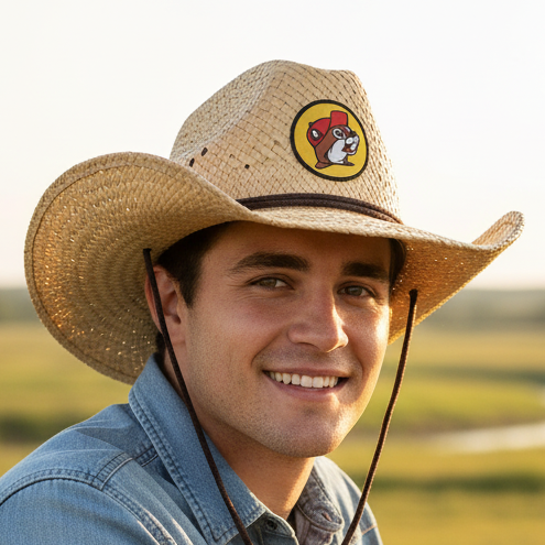 A smiling young man leaning against a weathered wooden fence in a grassy field during golden hour. He is wearing a Buc-ee's River Straw Western Hat. A light-colored woven straw Western-style hat with a prominent circular Buc-ee's beaver logo patch on the front, a dark brown chin cord with a wooden bead, and a blue denim button-down shirt. The background shows a soft-focus landscape with a winding river and warm, natural sunlight.