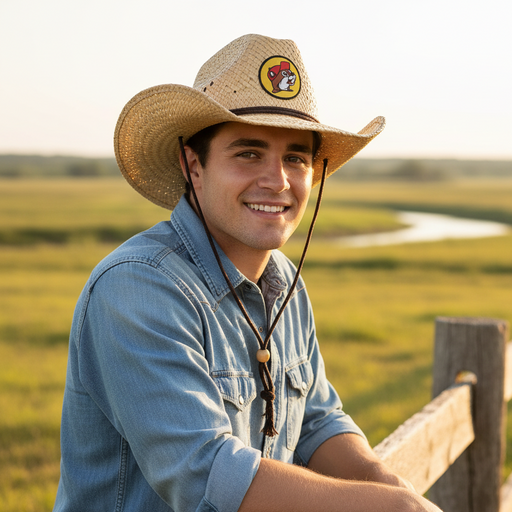 A smiling young man leaning against a weathered wooden fence in a grassy field during golden hour. He is wearing a Buc-ee's River Straw Western Hat. A light-colored woven straw Western-style hat with a prominent circular Buc-ee's beaver logo patch on the front, a dark brown chin cord with a wooden bead, and a blue denim button-down shirt. The background shows a soft-focus landscape with a winding river and warm, natural sunlight.