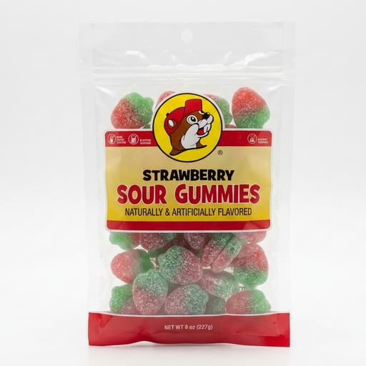 A product studio photograph of a bag of Buc-ee’s Strawberry Sour Gummies. The clear plastic resealable pouch is centered against a clean, solid white background. The bright yellow label features the iconic Buc-ee’s beaver mascot in a red cap, with the text "STRAWBERRY SOUR GUMMIES" in bold red and black lettering. Inside the bag, sugar-coated, strawberry-shaped gummy candies with red bottoms and green tops are visible. The bottom of the bag has a red stripe indicating a net weight of 8 oz (227g).