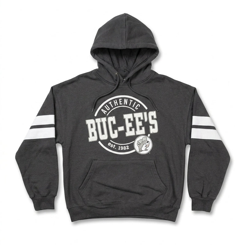 Buc-ee's Stripe Sleeve Black Hoodie white background