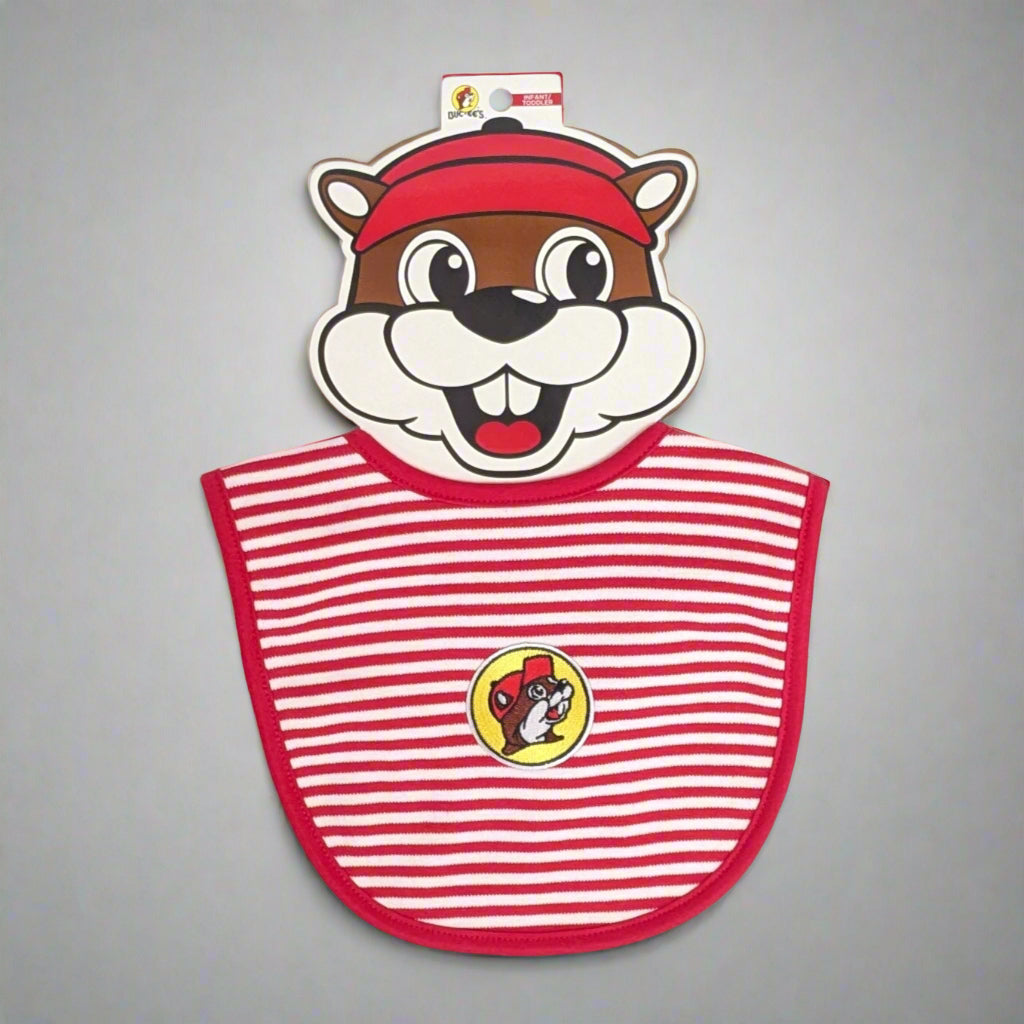 Buc-ee's Striped Bib. Red and white. 