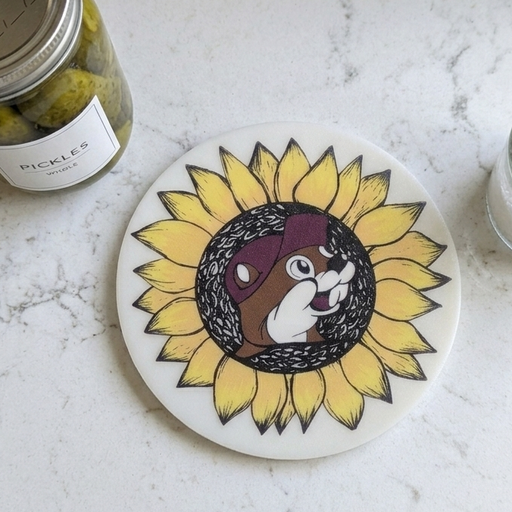 A top-down, high-angle shot of a round, flat silicone sunflower jar opener resting completely flat on a white marbled quartz countertop. The jar opener features a vibrant yellow sunflower design with the Buc-ee's beaver mascot in a maroon cap centered in the middle. To the left sits a glass jar of whole pickles with a simple white label, and to the right is a small glass jar containing coarse white sea salt with a wooden spoon.