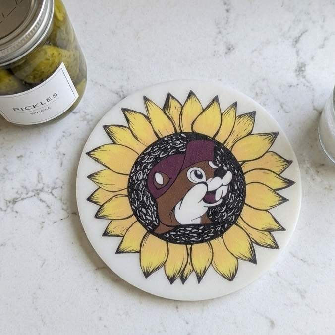 A top-down, high-angle shot of a round, flat silicone sunflower jar opener resting completely flat on a white marbled quartz countertop. The jar opener features a vibrant yellow sunflower design with the Buc-ee's beaver mascot in a maroon cap centered in the middle. To the left sits a glass jar of whole pickles with a simple white label, and to the right is a small glass jar containing coarse white sea salt with a wooden spoon.