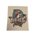 A square Swedish dishcloth with a cream background covered in teal polka dots. The center features a teal graphic of the state of Texas with the Buc-ee's beaver mascot in a pink cap and the text "Buc-ee's Texas."