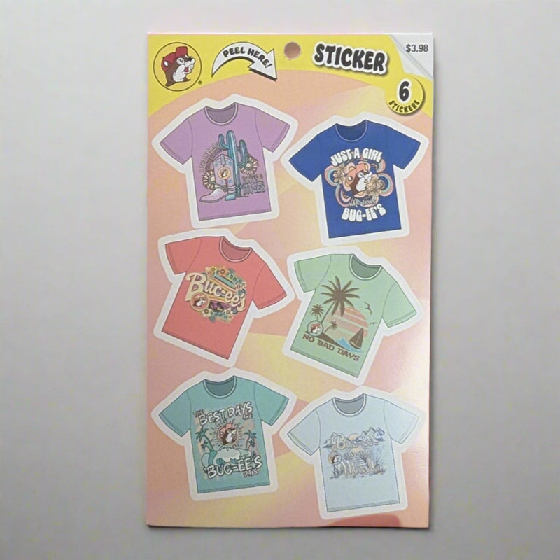 Buc-ee's T-Shirt Stickers. Has 6 stickers of 6 different Buc-ee's t-shirt designs. 