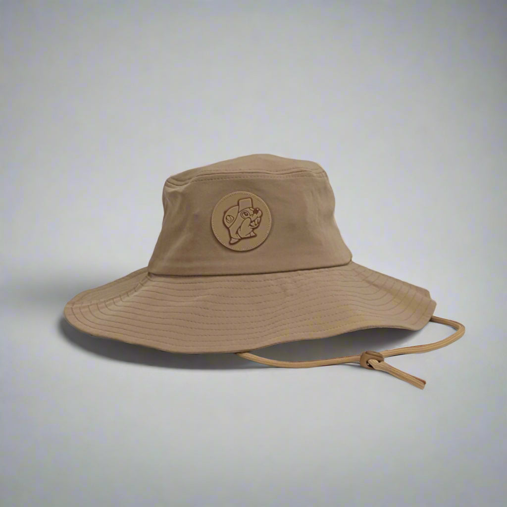 Buc-ee's Tanglo Bucket Hat. A tan Buc-ee's hat with the logo on the front. 