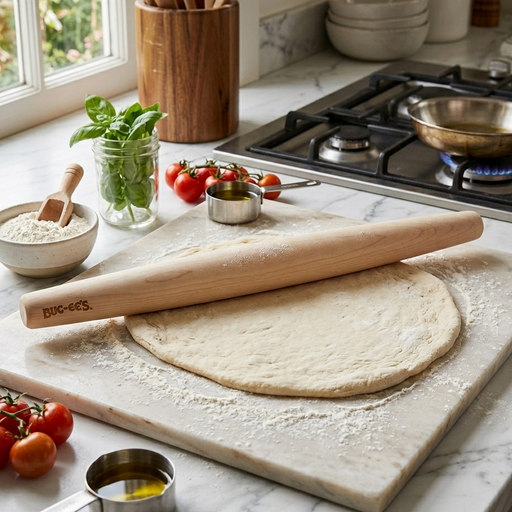 A three-quarter angle photograph of a light wood tapered French rolling pin, with a laser-etched 'BUC-EE'S' logo on the left end, resting across a large, circular sheet of partially rolled-out pizza dough on a floured marble pastry board. The board is on a marble kitchen countertop. To the left is a whole lemon and a single quartered lime wedge. In the background, a multi-tier chrome spice rack, a stack of stacked ceramic bowls, and a window with white casement frames looking out onto a green garden.