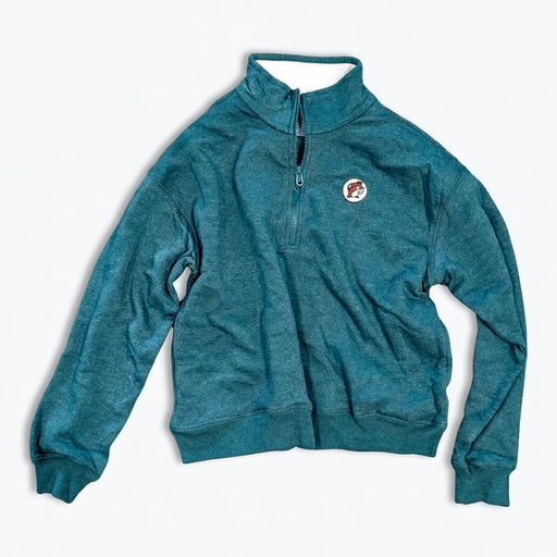 Buc-ee's Teal Half Zip Fleece Pullover white background. 