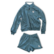 Buc-ee's Teal Half Zip Fleece Pullover and Shorts white background.